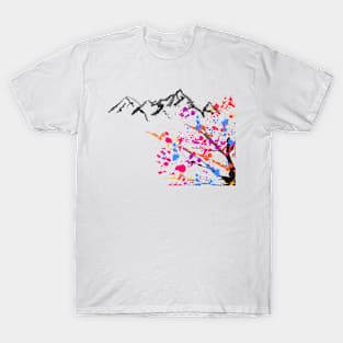 Mountains And Multi Coloured Sakura Cherry Blossom T-Shirt